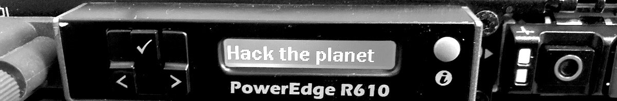 The front of a Dell
PowerEdge R610 server. Part of a disk caddy and the front panel display and
controls are visible. The display shows the phrase 'Hack the planet'.
